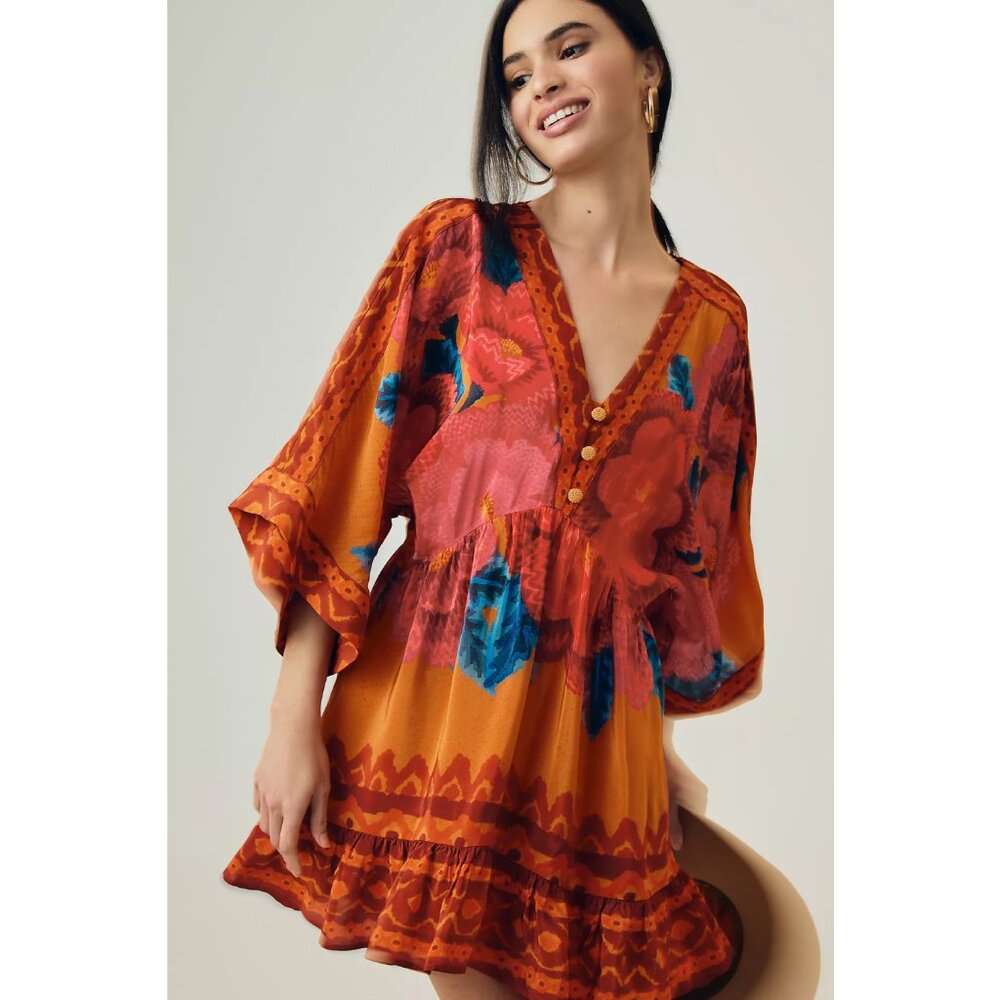 Farm Rio long sleeve V-neck A-line flouncy fun dress